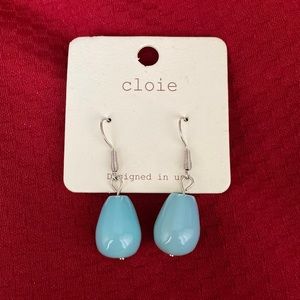 CLOIE dangling teardrop earrings, turquoise blue glass beads, designed in USA